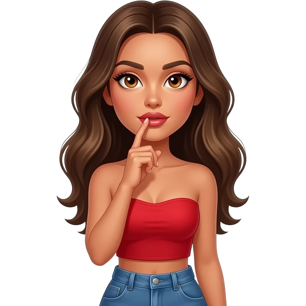 Fingers on lips and thinking looking up woman with tan glowy skin, hazel eyes almond with long lashes,, full lips, dark blonde flowing hair, delicate feminine sexy features, wearing a red crop top NO STRAPS and blue jeans, confident and femenine and glam makeup. Intense seductive look. REALISTIC emoji