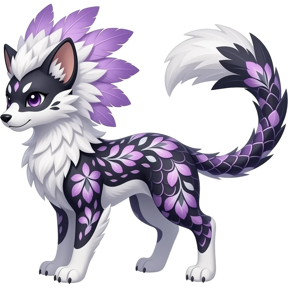 Floral-patterned honeycomb-patterned feather-maned elegant realistic Furry, feathery fluffy tropical flecked painted feathery scaly, Purple, white, black, Minccino-Bambino-Lykoi-Linoone-Zangoose-fusion-hybrid-animal-Fakémon-creature, full body, thin long sleek scaly tail, intricate markings emoji