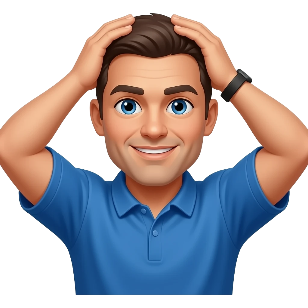football coach in a blue shirt touching his scalp with both hands emoji