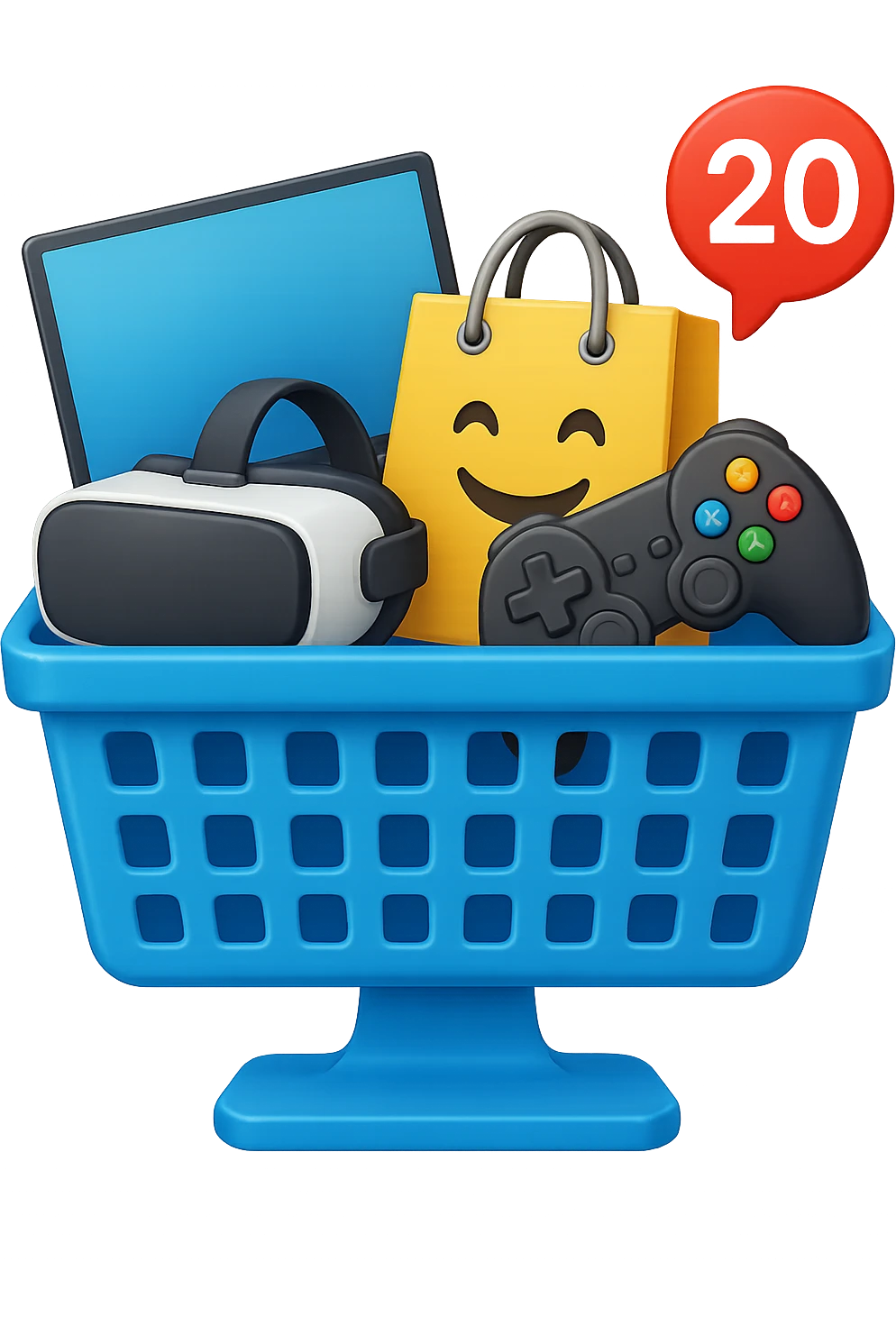 Create a high fidelity emoji style variant with smooth edges featuring a desktop monitor, a shopping basket showing tech items like a laptop, VR headset, and game controller instead of food, and an emoji shopping bag. The style should resemble emoji style with smooth edges and high detail. emoji