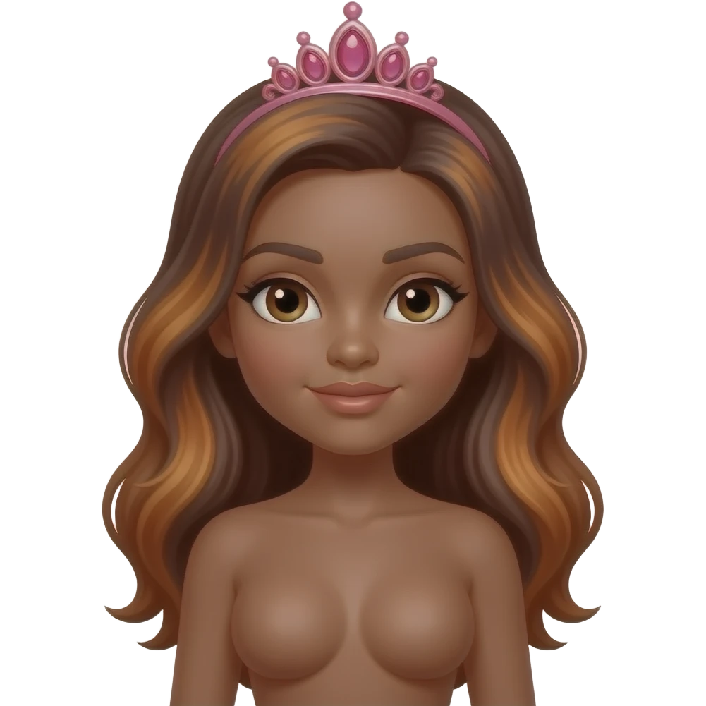 hair with pink tiara, Dark brown eyebrows,Dark brown skin, Doll shaped face, doll eyes, wavy with side part longer straightened auburn  hair with dark brown highlights, big breast no bra emoji