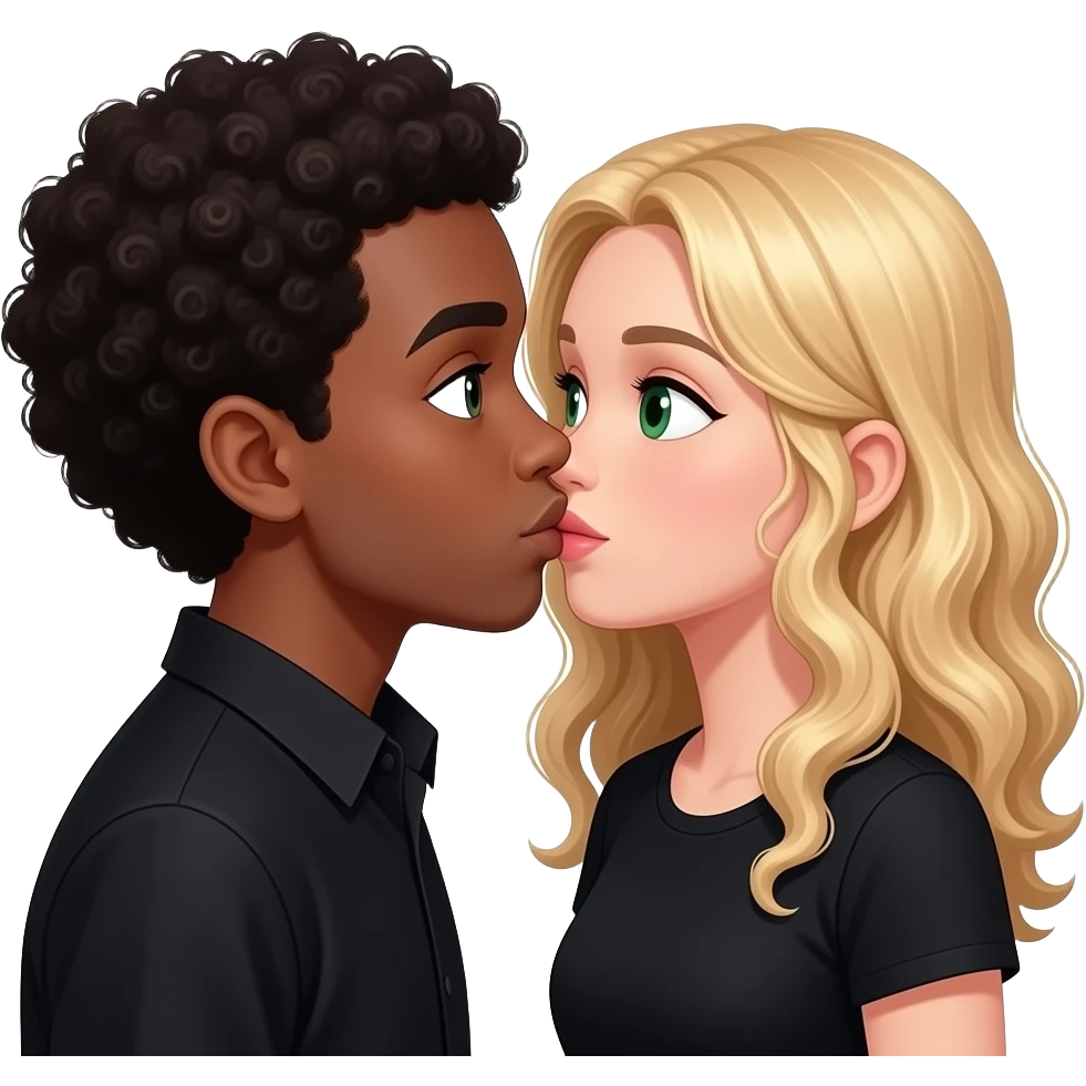 Chico negro da beso a chica rubia con pelo rizado ojos verdes. Van vestidos de negro los dos emoji