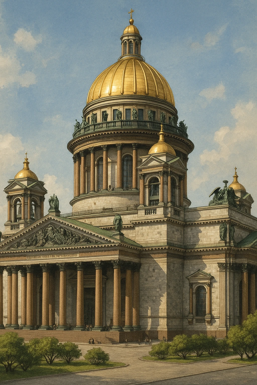 Исаакиевский собор, реалистичный стиль, архитектурная икона Санкт-Петербурга, золотой купол, колоннада, детализированная иллюстрация, без текста emoji