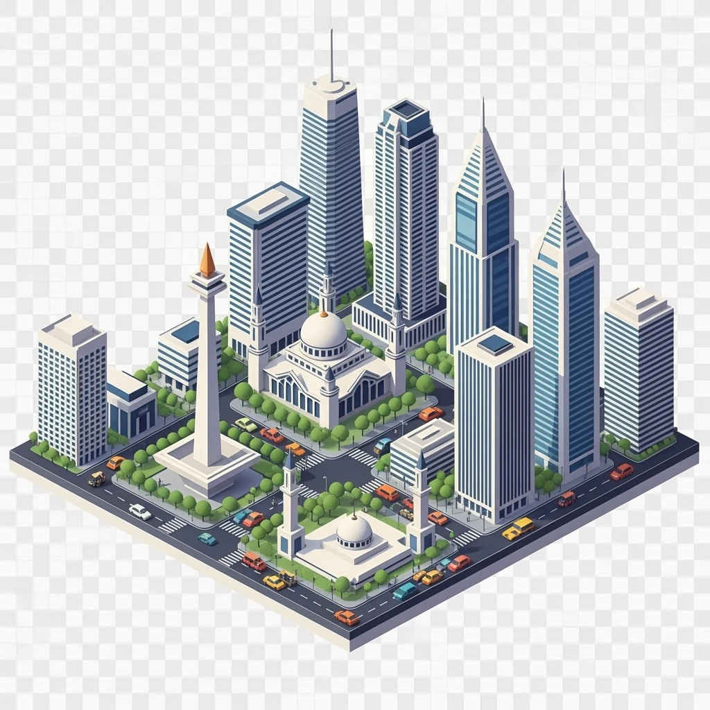 Isometric minimalistic illustration of Jakarta Monas (National Monument), Istiqlal Mosque, skyscrapers of Sudirman CBD, bustling streets with traffic and tuk-tuks, subtle 3D miniature effect and Tilt Shift effect, no cartoonish look, transparent background. emoji