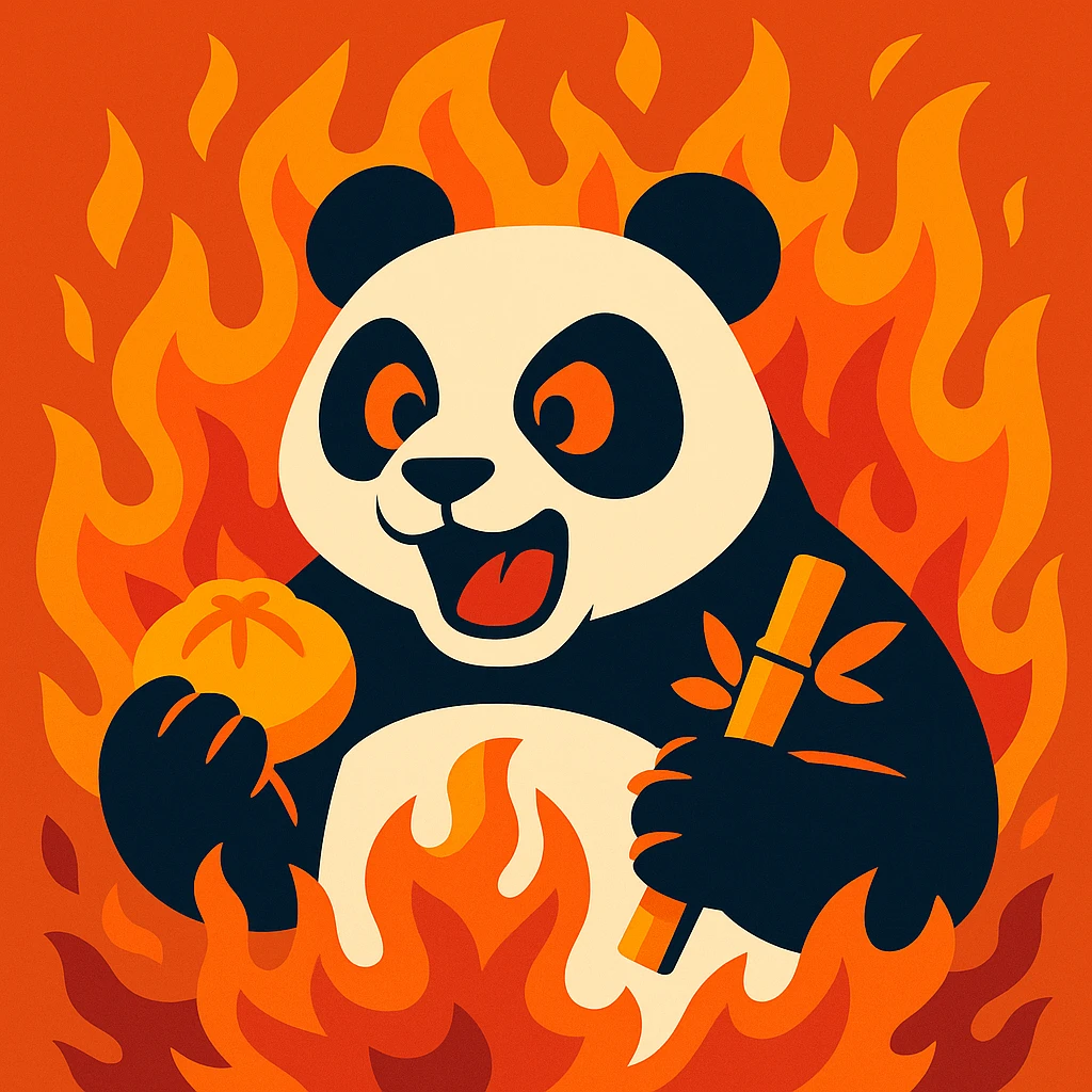 a panda surrounded by fire with food in its paws in a dynamic animated style emoji