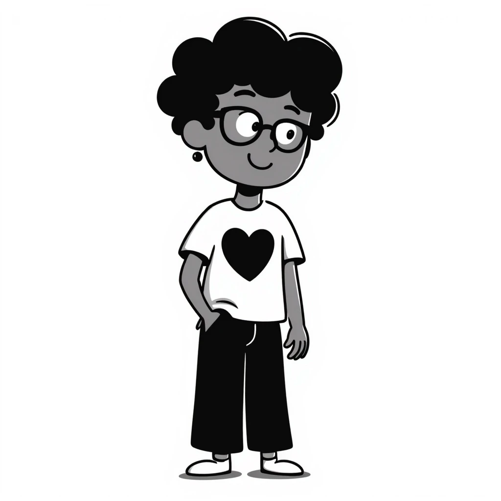 boy with curly hair and brown skin, wearing black glasses and earrings, hand-drawn doodle style emoji
