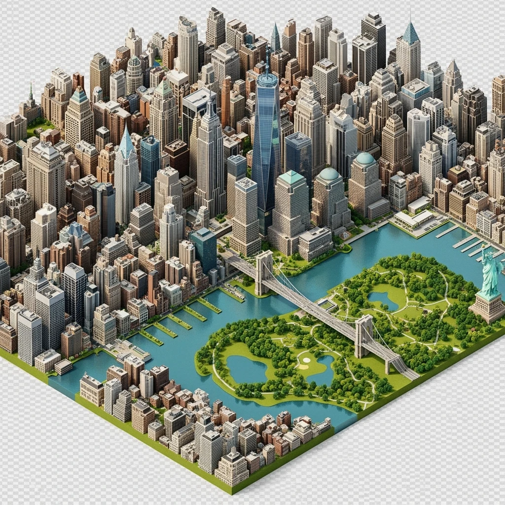 Isometric miniature of New York Сity Empire State Building, One World Trade Center, Statue of Liberty, Brooklyn Bridge, and Central Park chaotic low-rise blocks in outer boroughs 3D miniature effect and Tilt Shift effect, no cartoonish look, transparent background. emoji