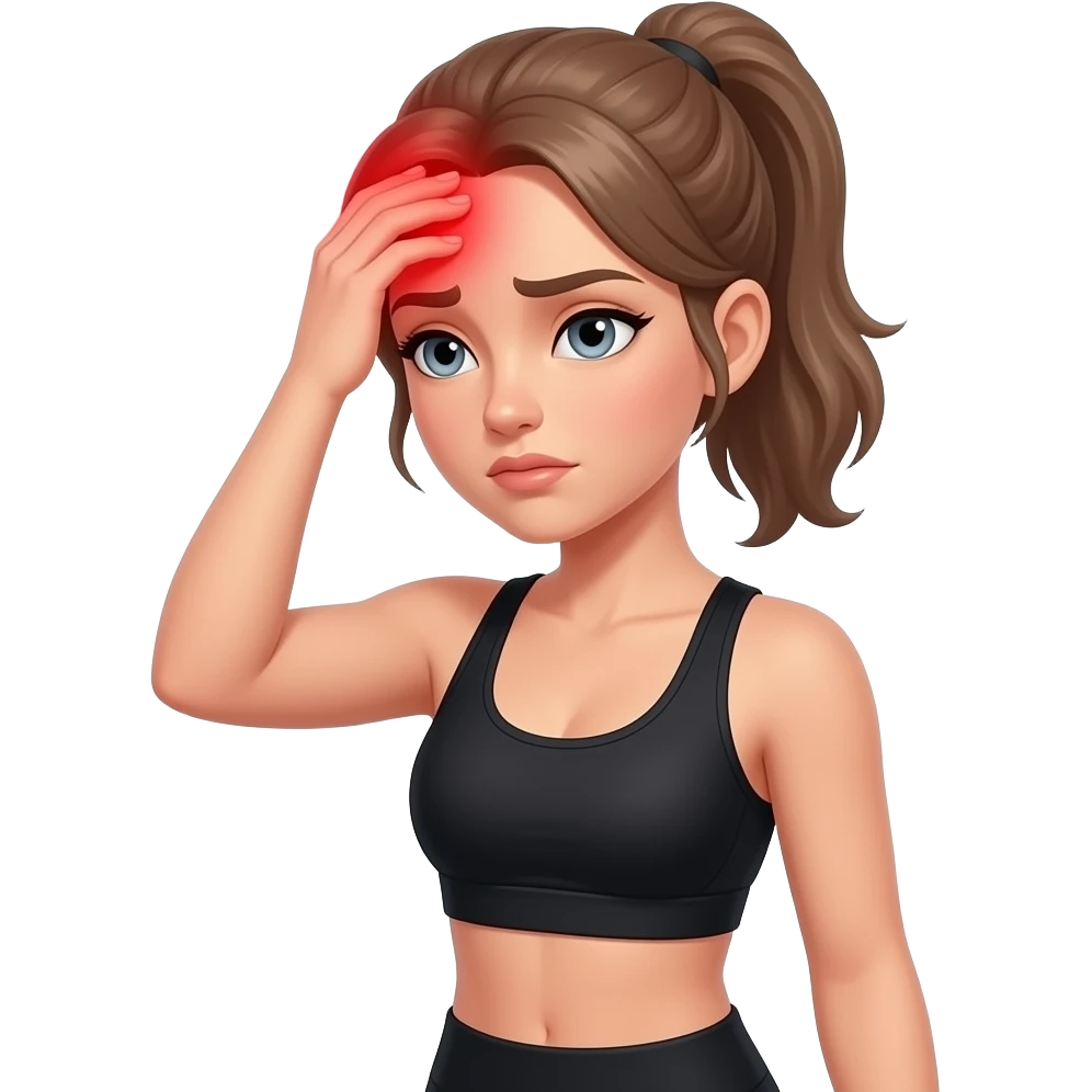 head pain, red glow on head, woman holding her head, fair-skinned woman, gray-blue eyes, ash brown brows, ash light brown hair tied back, slim athletic body, black workout set emoji