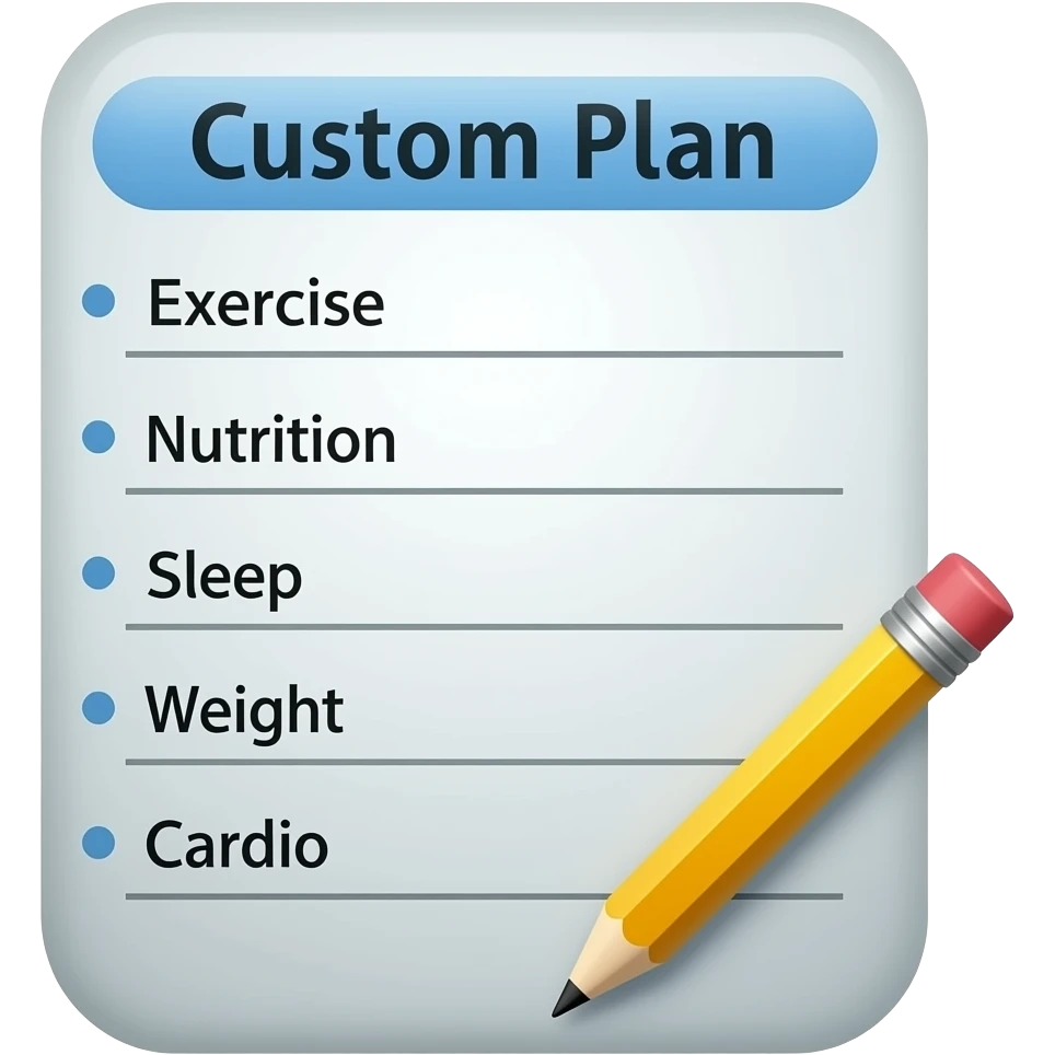 Un programme d'entraînement en salle de sport, avec un crayon dans le coin et intitulé « Plan personnalisé », doit clairement indiquer ce qui suit : Exercice, Alimentation, Sommeil, Poids, Cardio. emoji