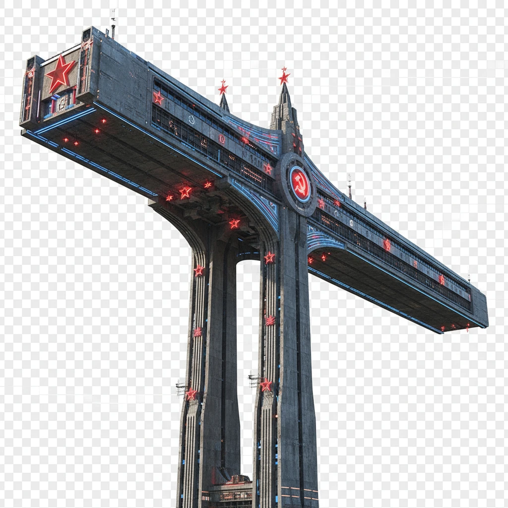 Небоскреб как будто из альтернативного СССР будущего. Два высоких небоскреба в основании, стоят далеко друг от друга, как. На них лежит огромный горизонтальный небоскреб, очень длинный в обе стороны.

Все остальное убери, облака не нужны. Фотореализм. Абсолютно прозрачный фон emoji