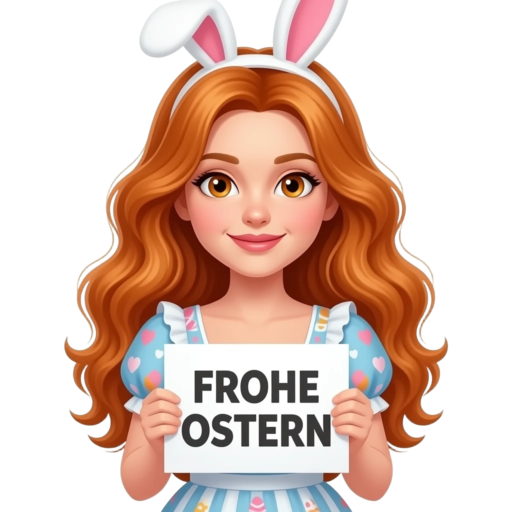 sexy girl with long wavy ginger hair and ginger eyes wearing a easter dress is holding a white colored sign with FROHE OSTERN written on it emoji