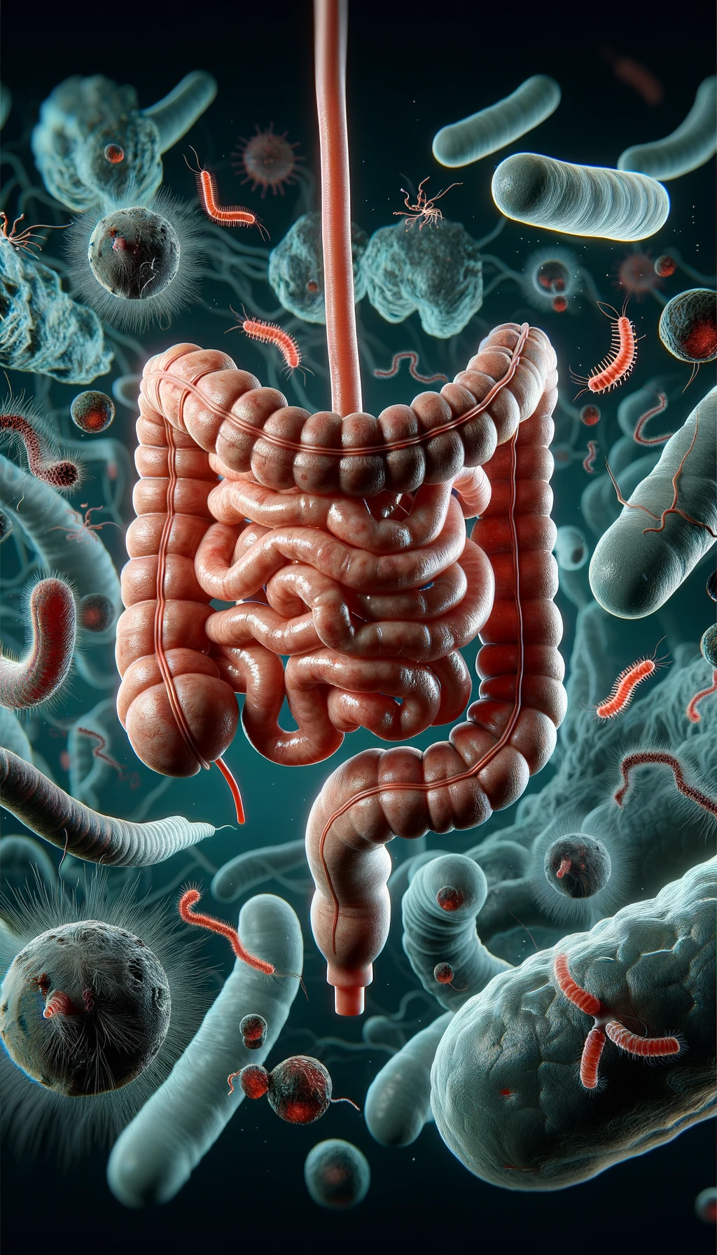 INTESTINO UMANO ANATOMICO REALISTICO CIRCONDATO DA PARASSITI E BATTERI INTESTINALI, IPERREALISTICO 4K emoji