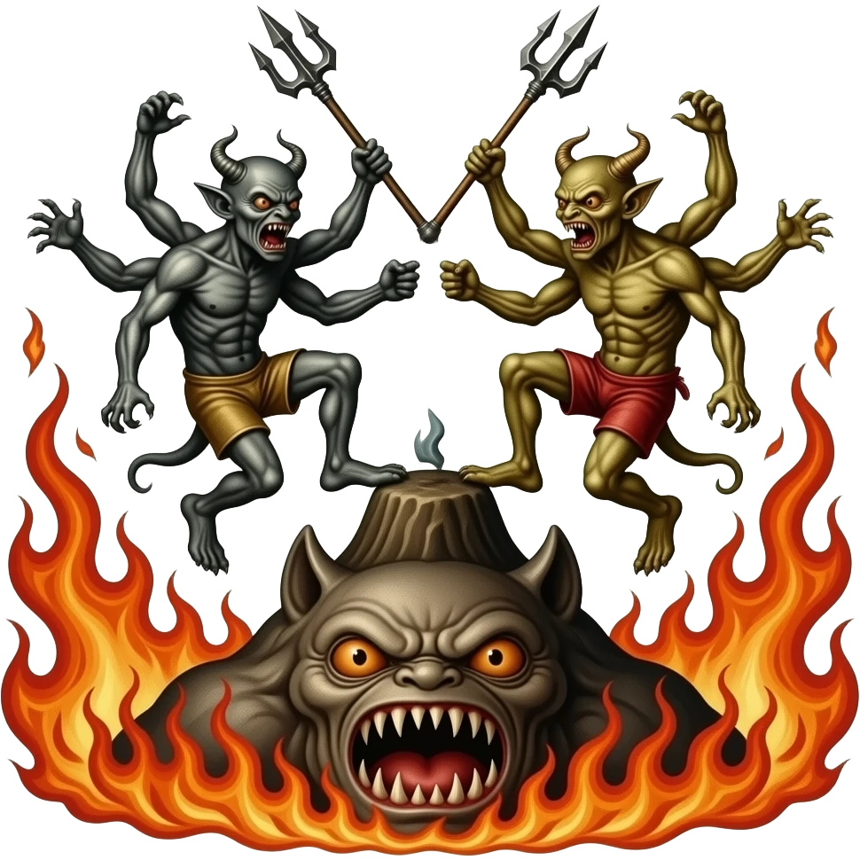 two phantasmagorical creatures from Hieronymus Bosch's painting from the scene of Hell, jump on each other, fight and stab with tridents emoji