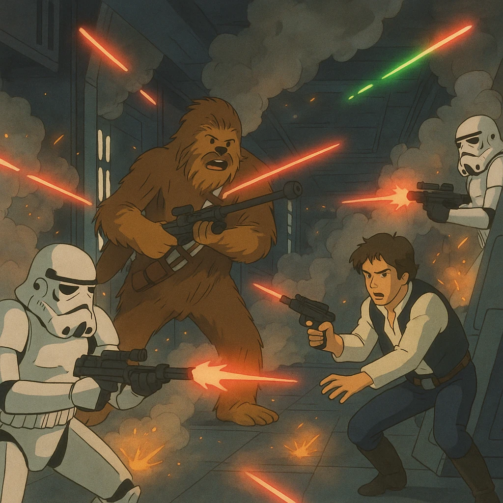 BLASTER FIRE, EVERYWHERE, SMOKE, STAR WARS, SHOOTOUT, INSIDE THE DEATH STAR , EMPIRE STRIKES BACK, RETURN OF THE JEDI emoji