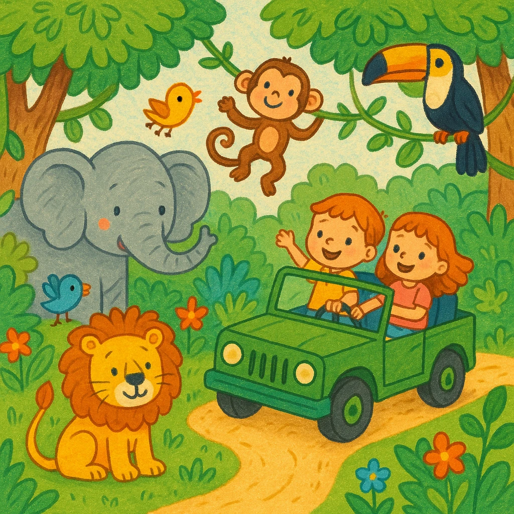 hand drawn digital illustration of jungle safari in the style of children's illustration emoji