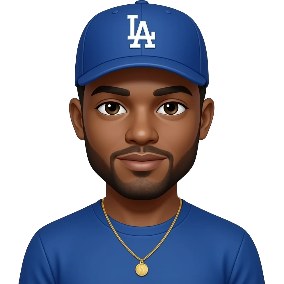 African American man with a fair tone light skin complextion with lightly shaved black beard wearing a blue Los Angeles Dodgers baseball cap wearing a long sleeve blue shirt wearing a gold tennis necklace emoji