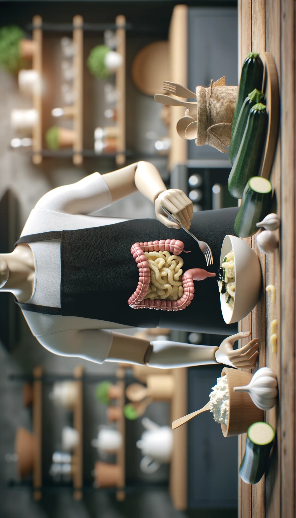 corpo umano con capelli corti con grembiule nero che cucina una ricetta con zucchine, gnocchi e ricotta, intestino realistico in evidenza, cucina sfocata sullo sfondo emoji