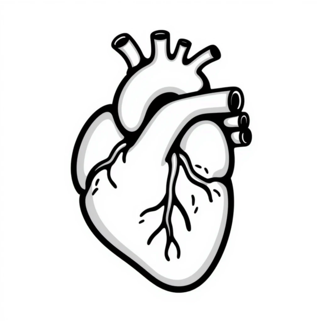 A heart drawn with hand-drawn lines, anatomical heart with chambers and arteries, medical diagram style with detailed internal structure emoji