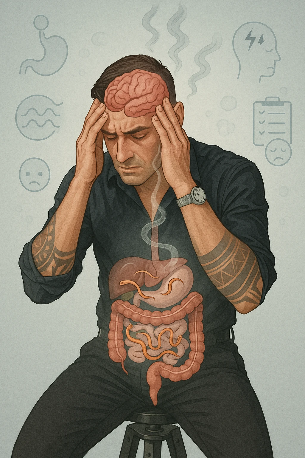 a person sits with a troubled expression, holding their head in their hands. A transparent overlay on their body reveals stylized images of parasites in the digestive tract, while faint, shadowy tendrils extend upward toward the brain, symbolizing the psychological impact. The background is clinical and educational, with subtle icons representing both physical and mental symptoms. emoji