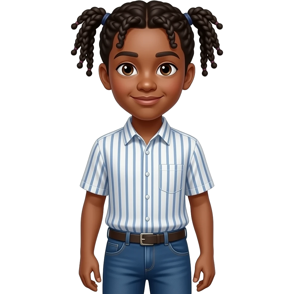 African American teenage boy with two individual shoulder length cornrow braids wearing a short sleeve button down shirt with thin vertical stripes pattern on it wearing navy blue denim jeans emoji
