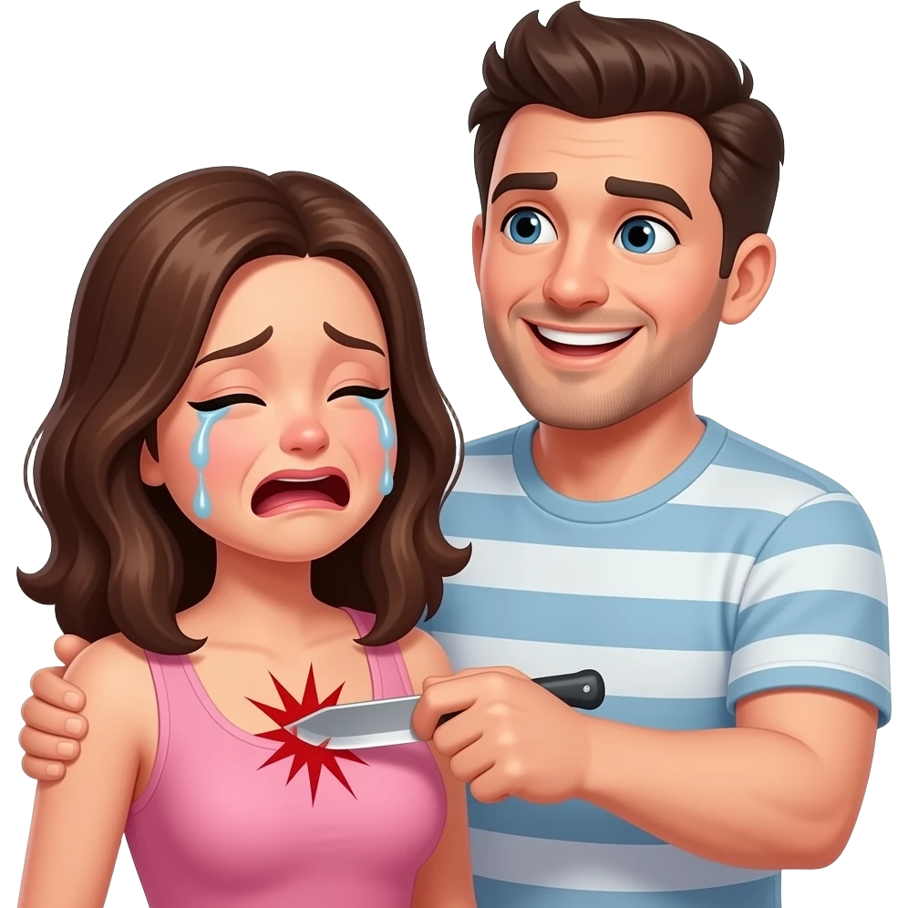 A guy stabbing a girl in the boobs the girl crying the guy happy emoji