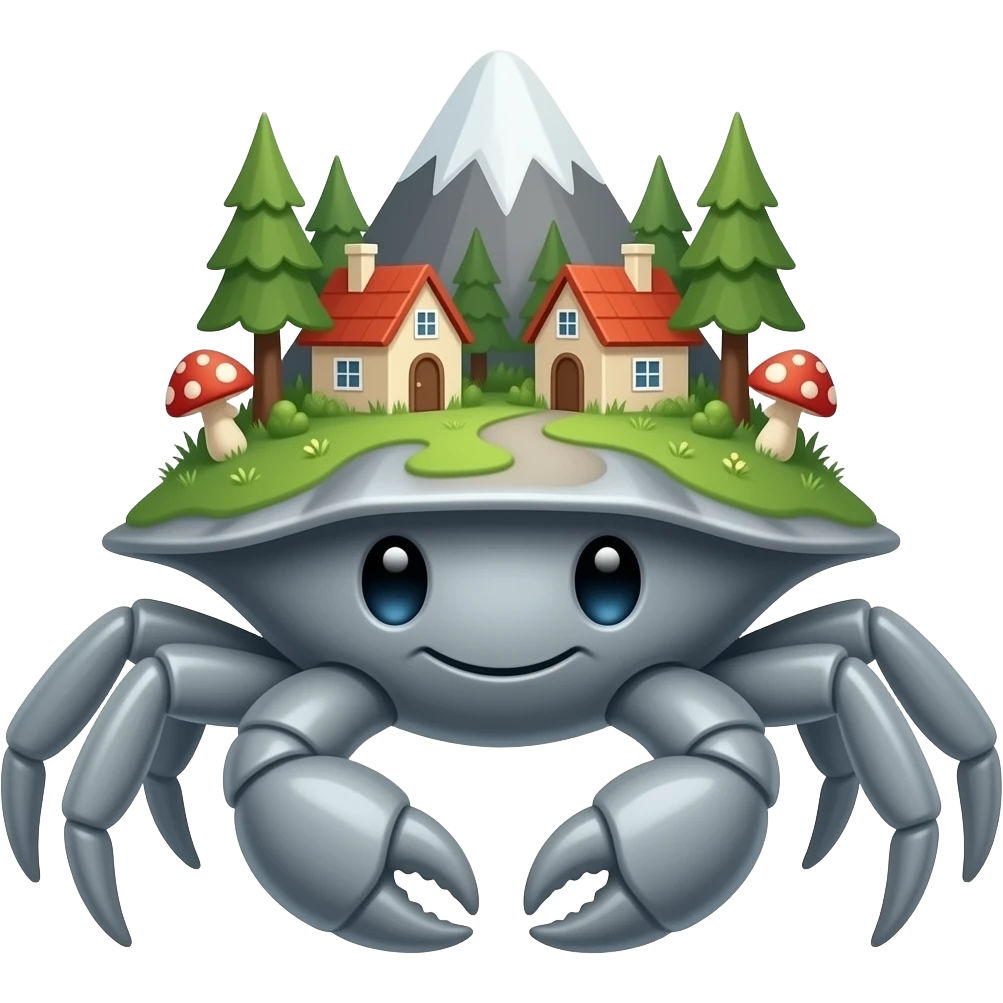 A Gray crab with houses on top of its shell in trees on it and also with mushrooms on it with glowing facing forward Giant by mountain emoji