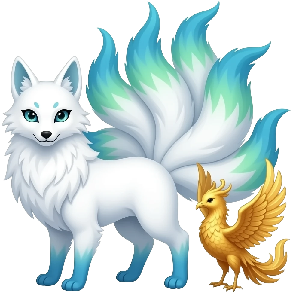White with patterns blue green ombre tips and paws kitsune nine tails with a white Chinese dragon and a gold phoneix emoji
