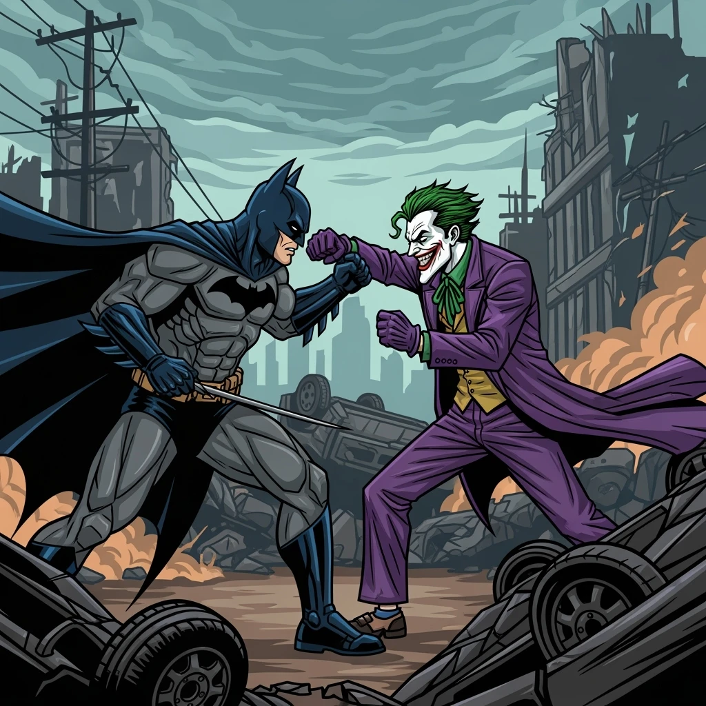 vector art of batman and joker, battleground background 
 emoji