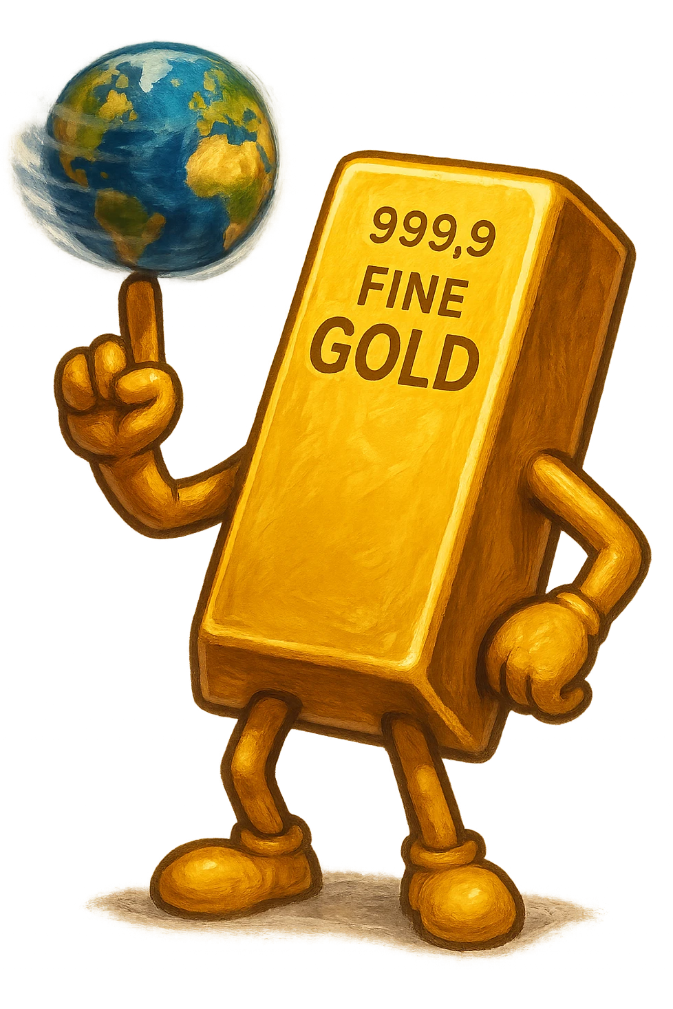 В cлегка рисованной, но при этом объемной и яркой стилистике сгенерируй картинку где фотореалистичный слиток золото с руками и ногами, но при этом без лица, в одной руке он на указательном пальце держит землю с эффектом размытия, как баскетбольный мяч, прозрачный фон emoji