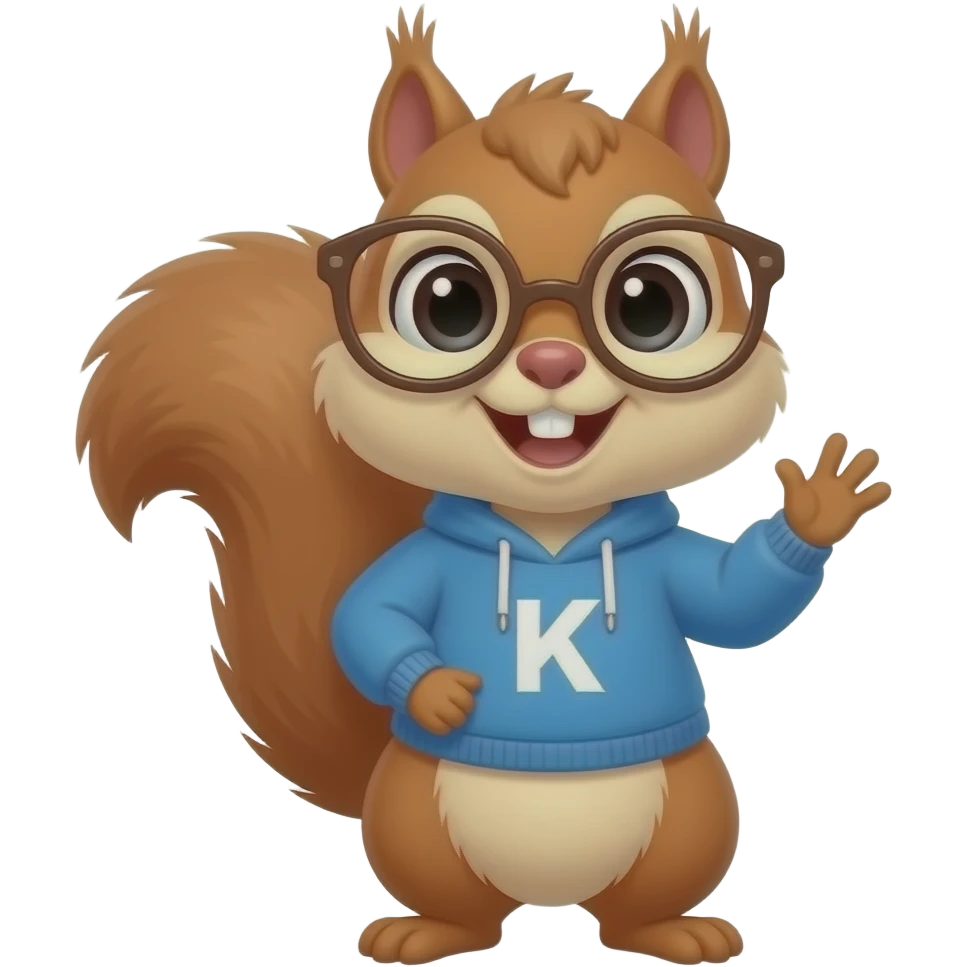 Draw Simon the chipmunk as a female with K written on a blue sweater and a brown glasses emoji