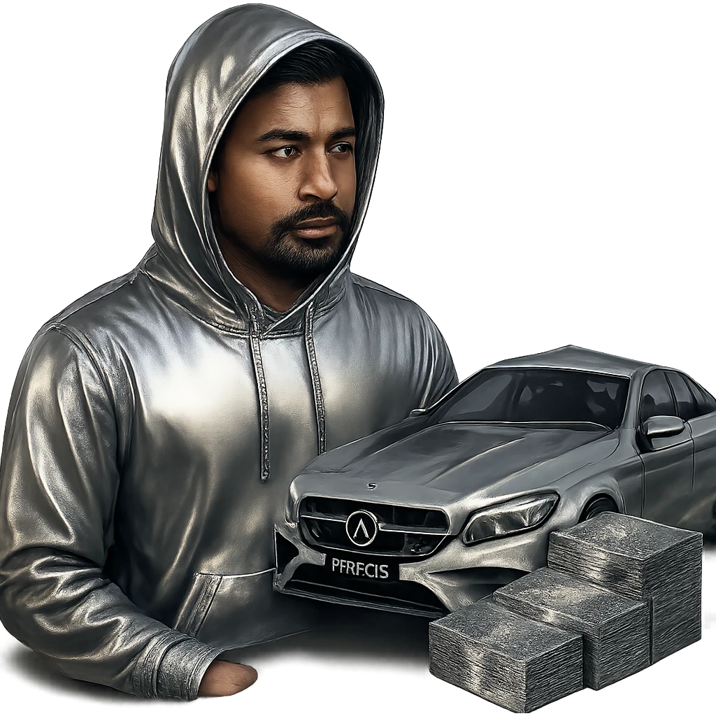 Make only the Indian man's hoodie chrome, keeping his skin and face natural. Add a goatee to the man. Include money on the side and a chrome AMG car in the scene. Keep the background transparent. emoji