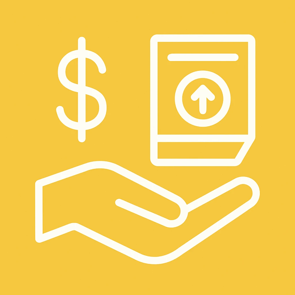An icon with yellow background, white inner lines, meaning Finance, request to pay emoji