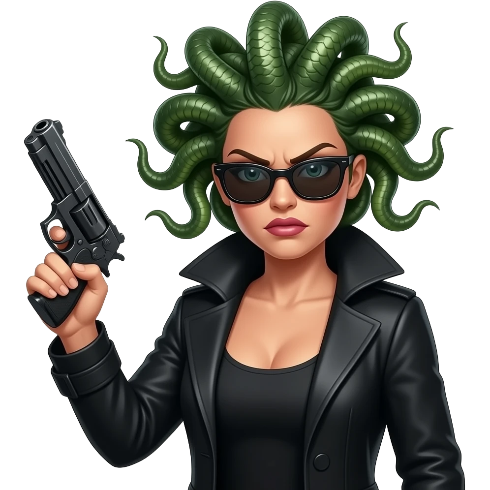 Angry beautiful female Medusa in black coat with sunglasses holding gun emoji