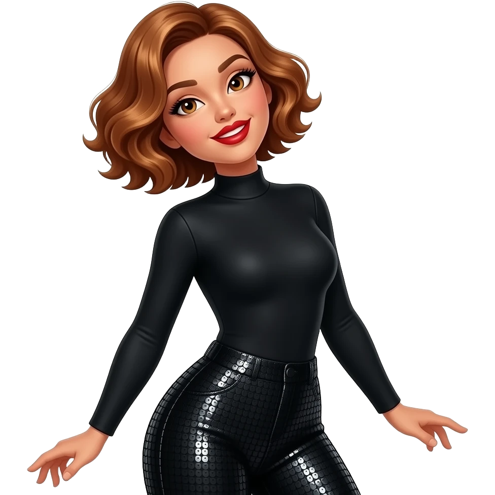 glamours,-tanned,-very-beautiful-woman-with-big-plump-red-lips,-long-long-lashes,-honey-silky-very short- hair,-wavy-hair,-hazel-eyes- wearing-black-Long-sleeved-bodysuit-and-black-sequinned-pants-rolling-her-eyes-&-throwing head back-waist-up emoji