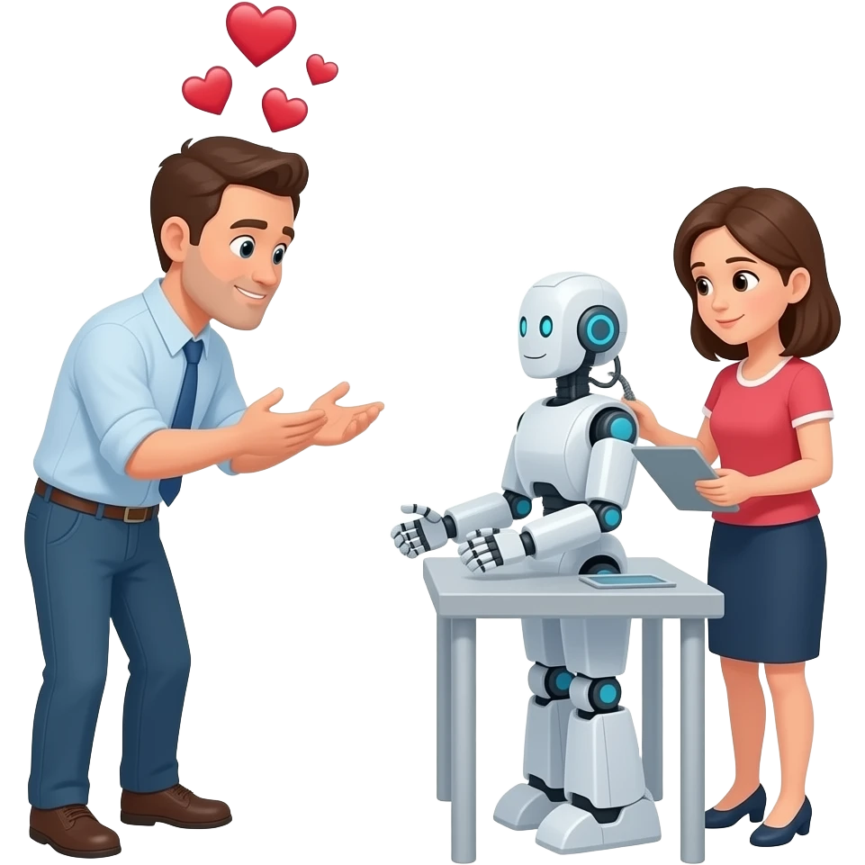 generate a person in love falling for a women physically with hearts around his head. The women should be standing working on a robot and the guy should be faceplaniting emoji