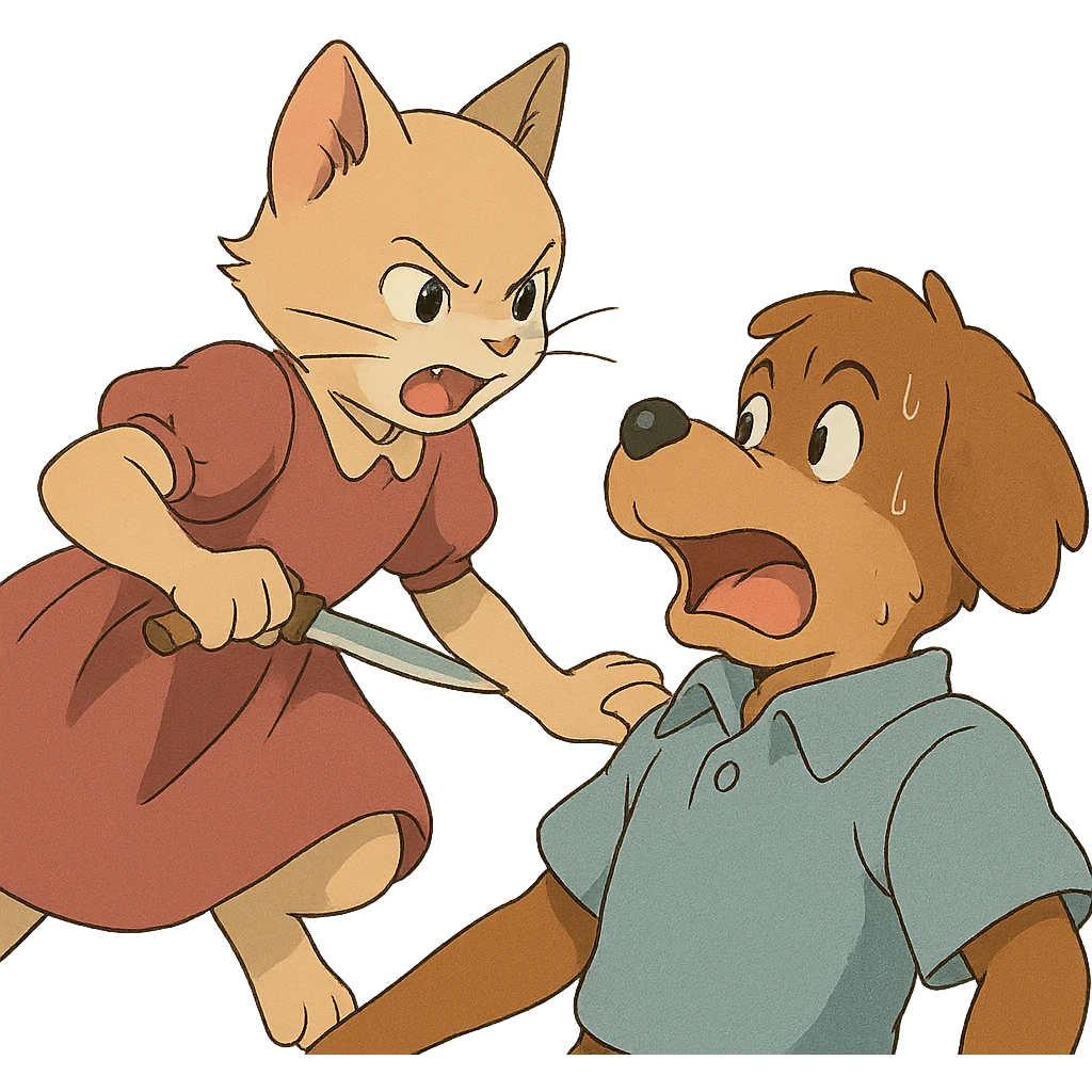 a girl kitty cat holding a knife, attacking a boy dog emoji