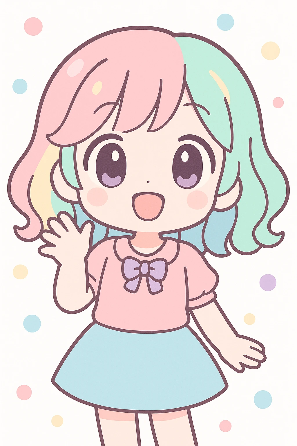 anime style character with big expressive eyes, colorful hair, cheerful expression emoji