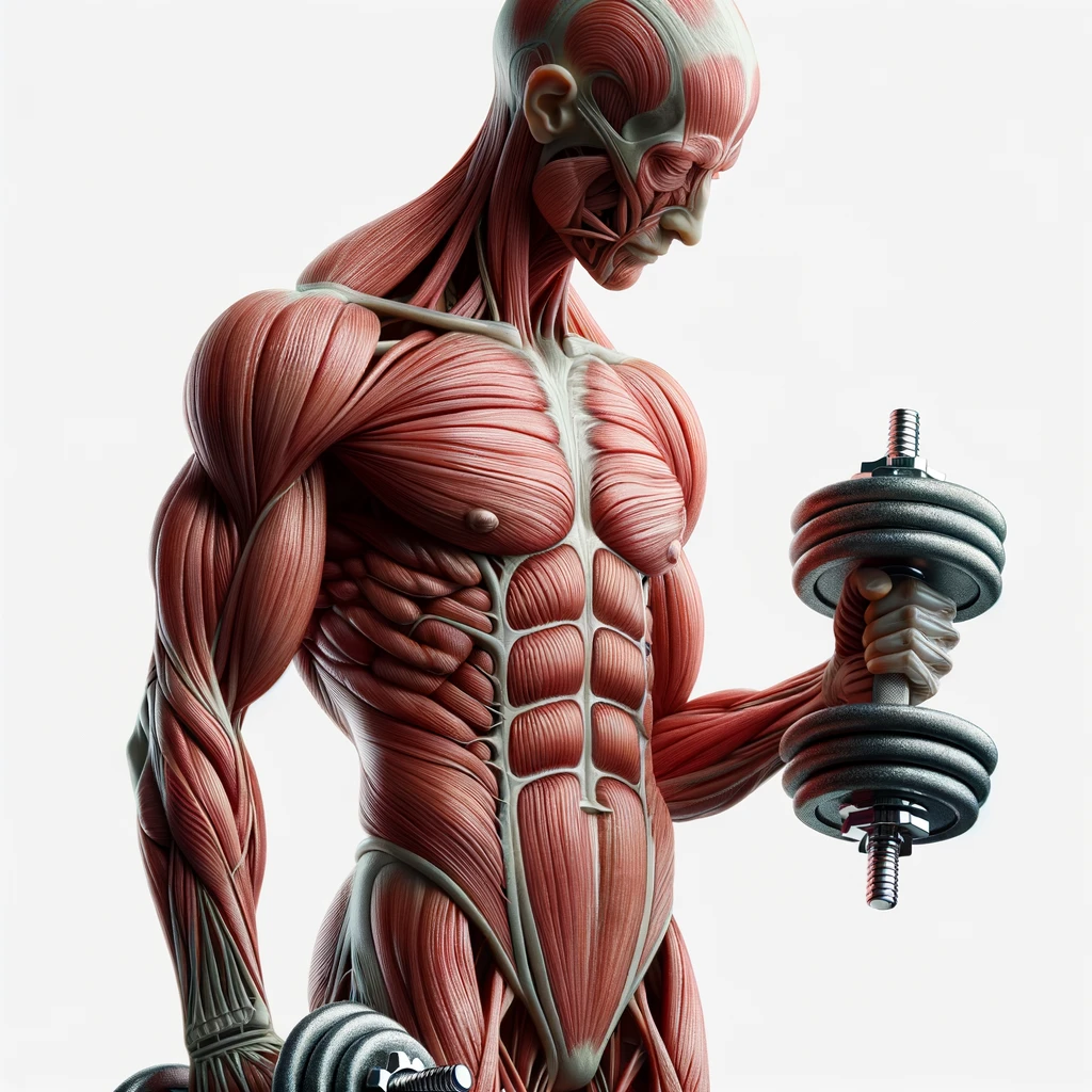 corpo umano anatomico con manubri da palestra in mano, iperrealistico 4k, isolato su sfondo bianco emoji