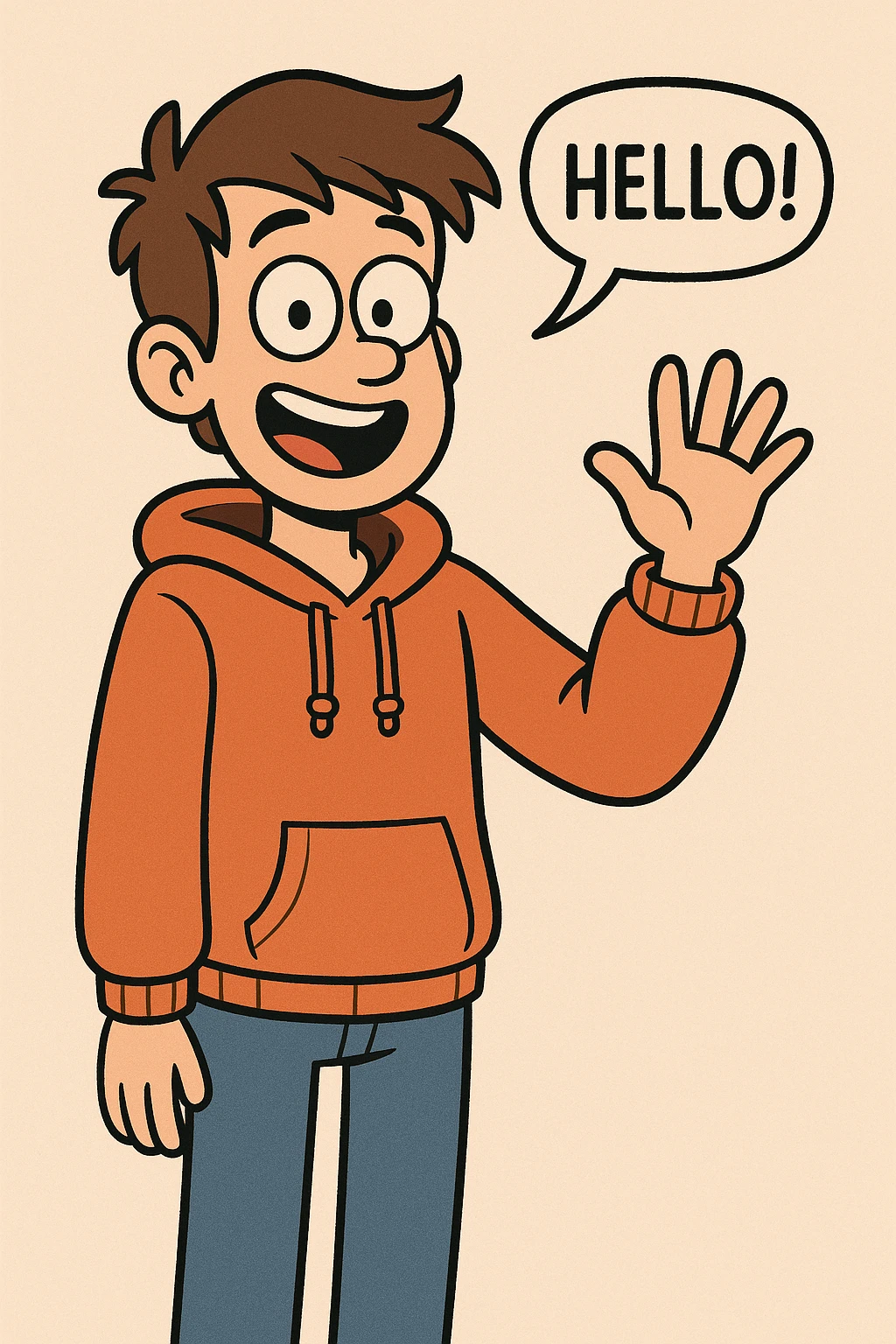 A boy brown hair how did say hello Orange hoodie blue jeans  emoji