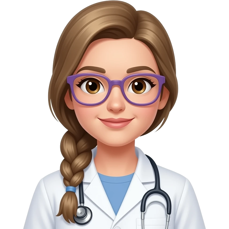 young vetenary woman, long dark blond hair with just one bread on the side, light thin purple eyeglasses brown eyes emoji
