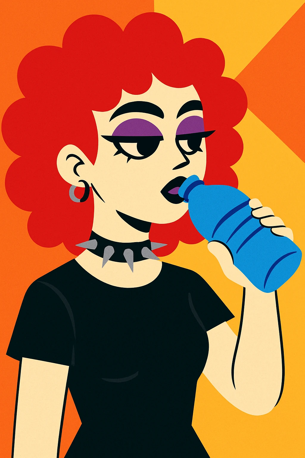 goth girl with red cherry curly hair drinking water emoji