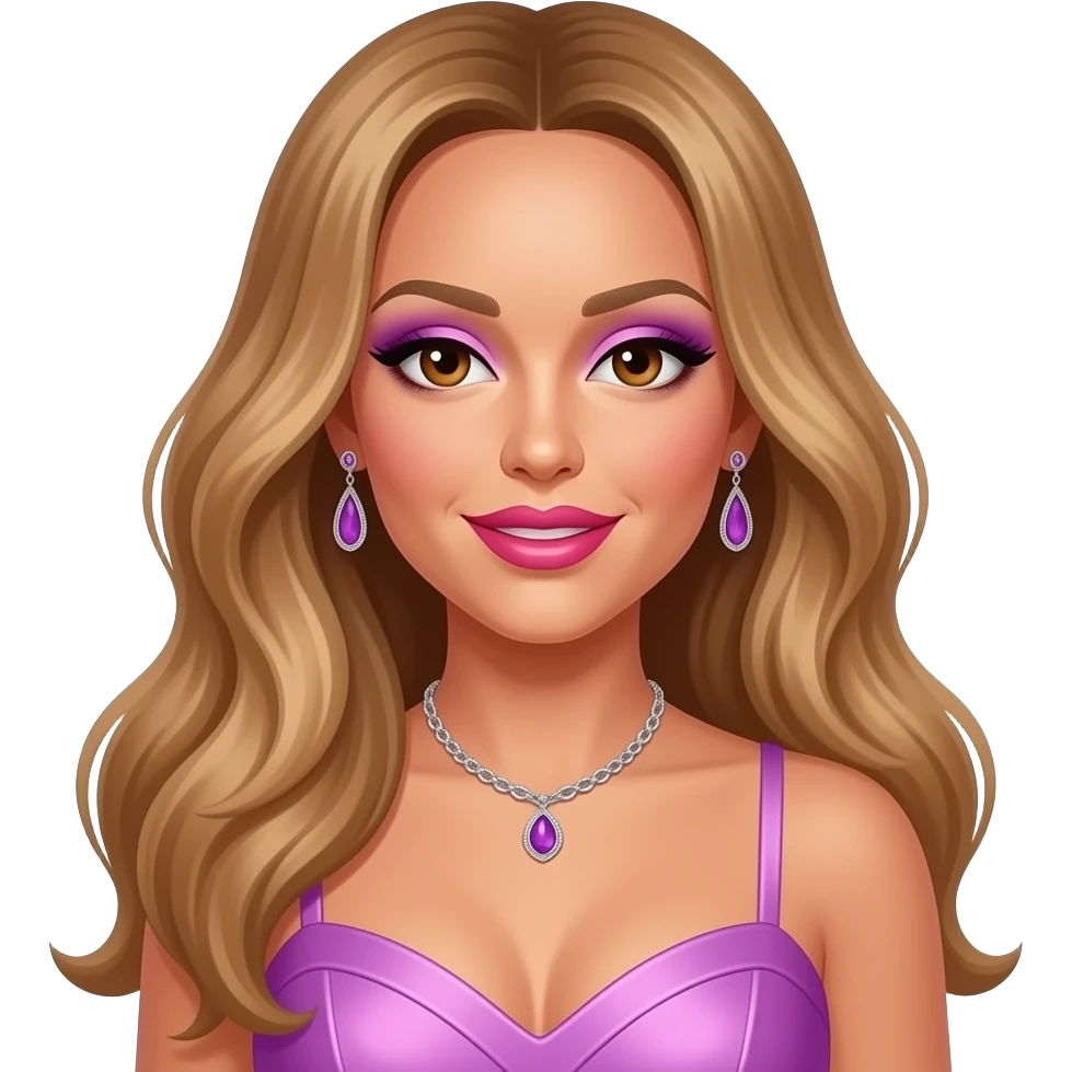 Mariah Carey with brown eyes, long golden brown hair, lavender eyeshadow, hot pink lipstick, lavender pink pop idol outfit, necklace and earrings emoji