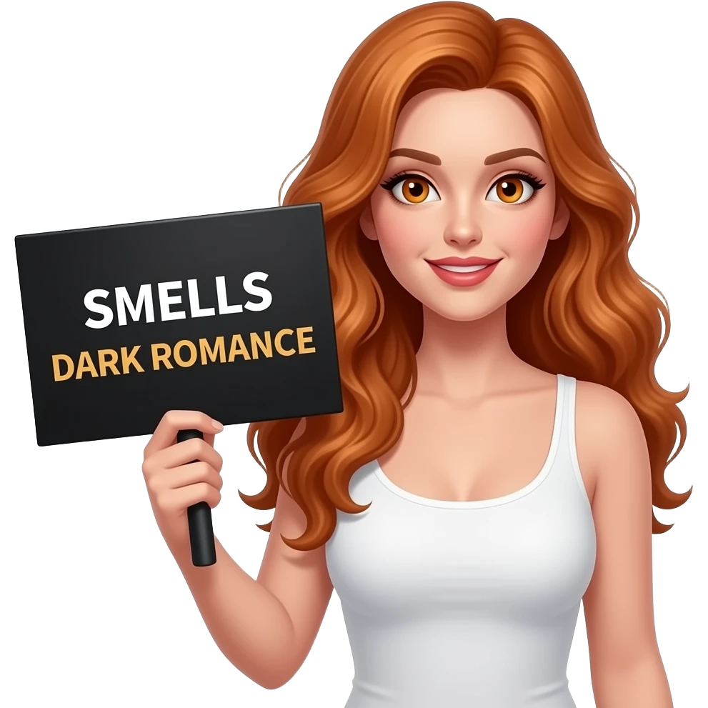 sexy girl with long wavy ginger hair and ginger eyes wearing a white tanktop is holding a black colored sign with SMELLS like DARK ROMANCE written on it emoji