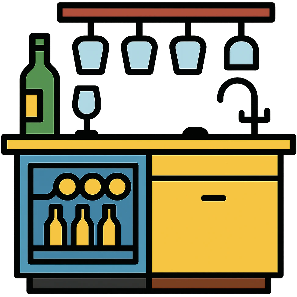Wet bar with wine fridge and sink, glassware, wood cabinets, color outline icon style, transparent background emoji