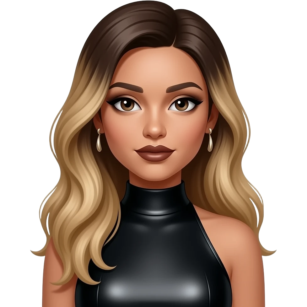 Ydal from Glamour with medium dark skin, dark brown eyes, long blonde hair with brown ombre, black eyeshadow, dark brown lipstick, black metallic high neck dress, earrings emoji