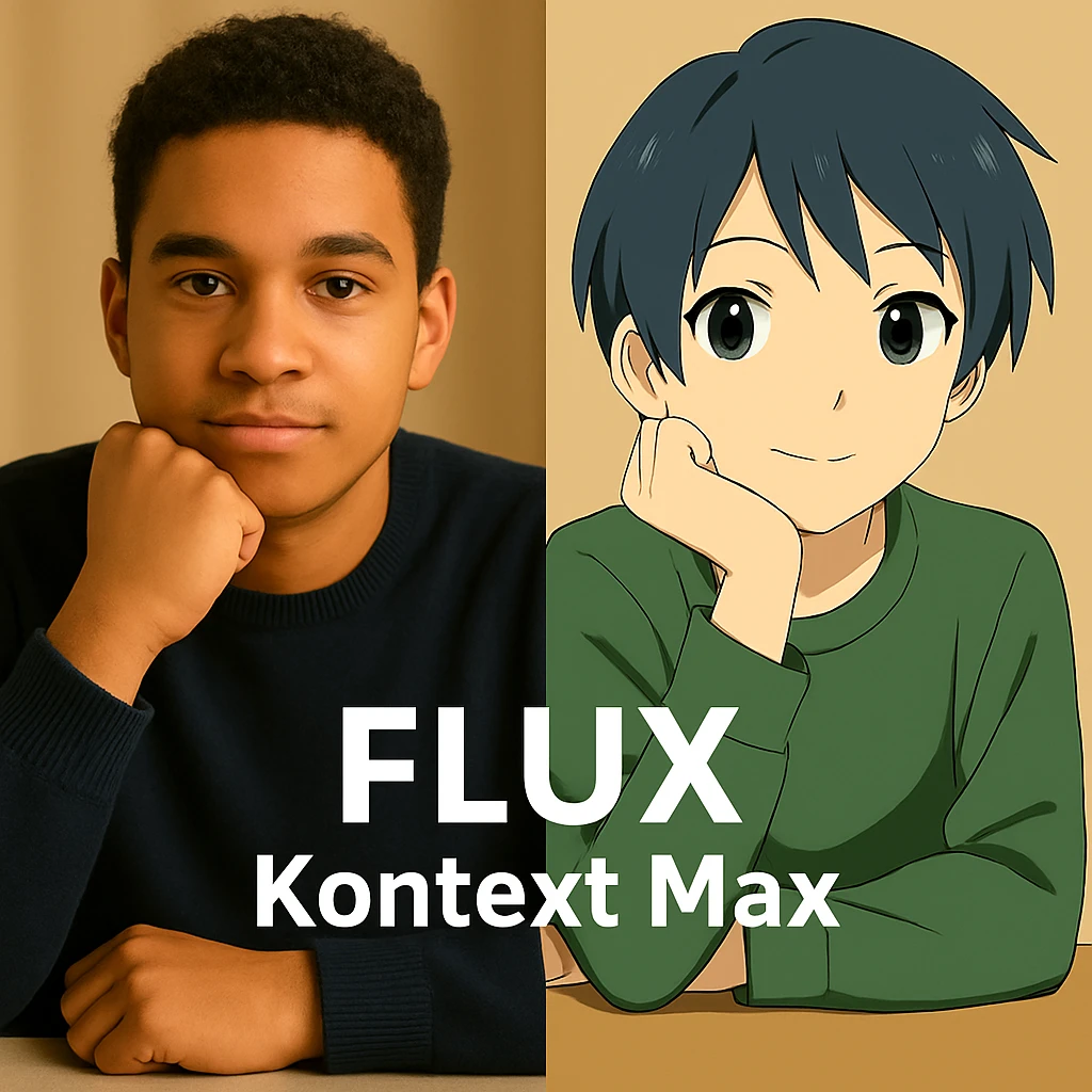same similar image but chnage the text to "Flux Kontext Max", change people and pose too emoji