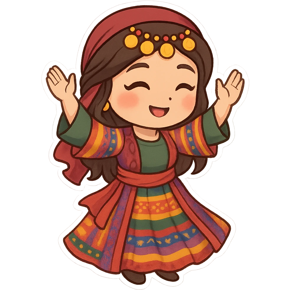 Cartoon sticker of a Kurdish woman in traditional colorful Kurdish female dress, dancing Kurdish dance with hands raised and traditional dance pose, no text, suitable for WhatsApp and Instagram, transparent background. emoji
