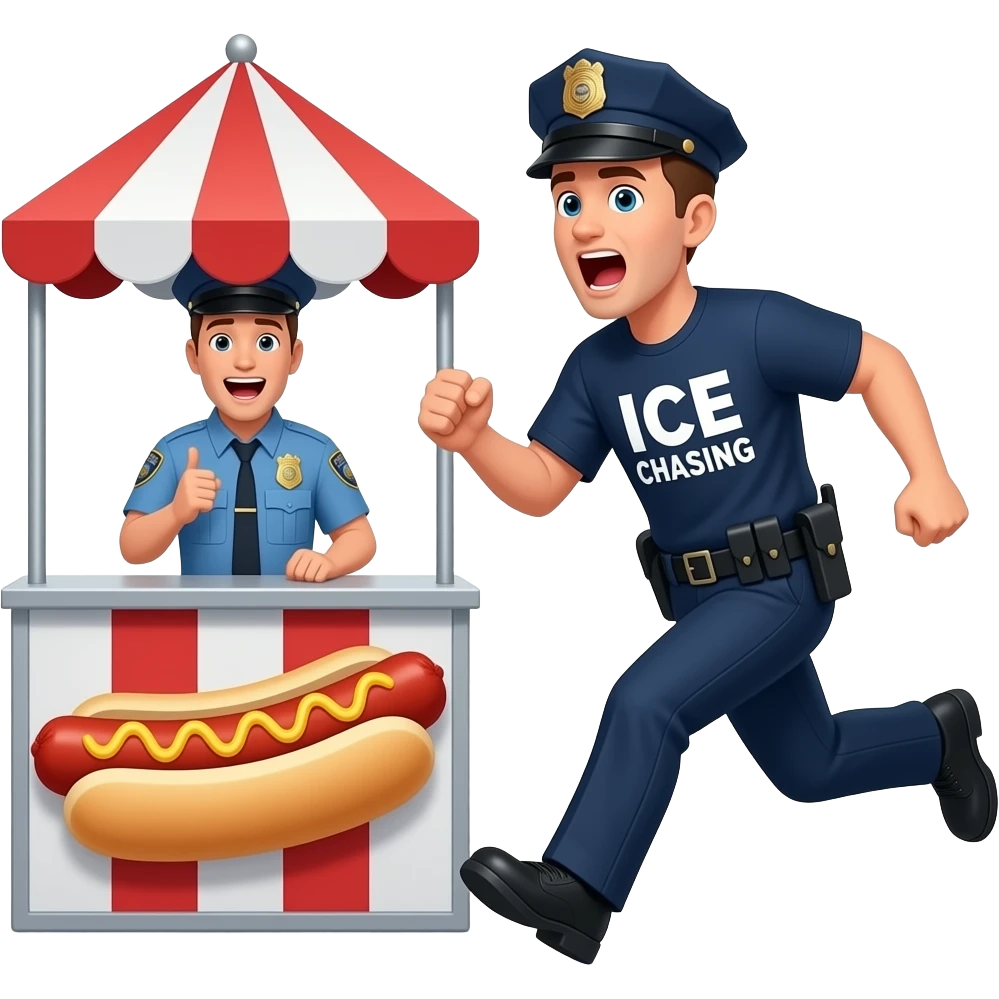 Police officer whose shirt says ice chasing a hotdog dealer while the hotdog dealer is screaming emoji