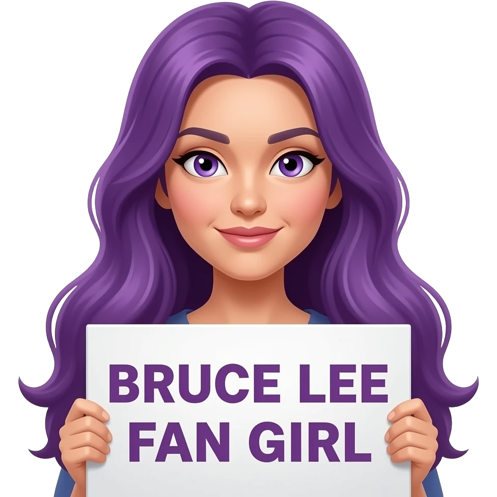 sexy girl with long purple hair and purple eyes holding BRUCE LEE FAN GIRLsign emoji