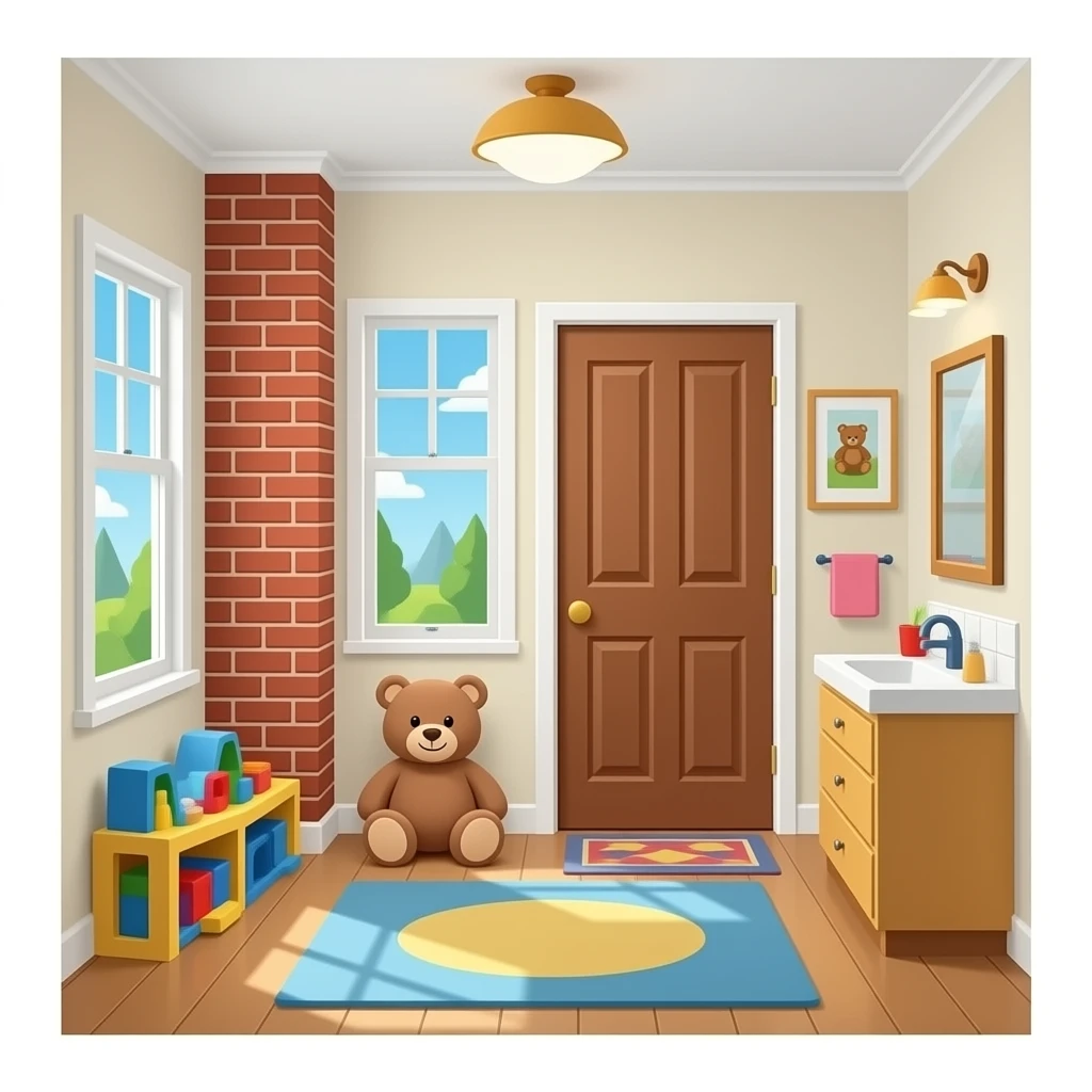 House: Glass for the windows, a rug on the floor, Bricks for the chimney (roof), a big wooden door. I’ll even take a playroom or two you know what to do (teddy bear, and bathroom drawer and mirror emoji